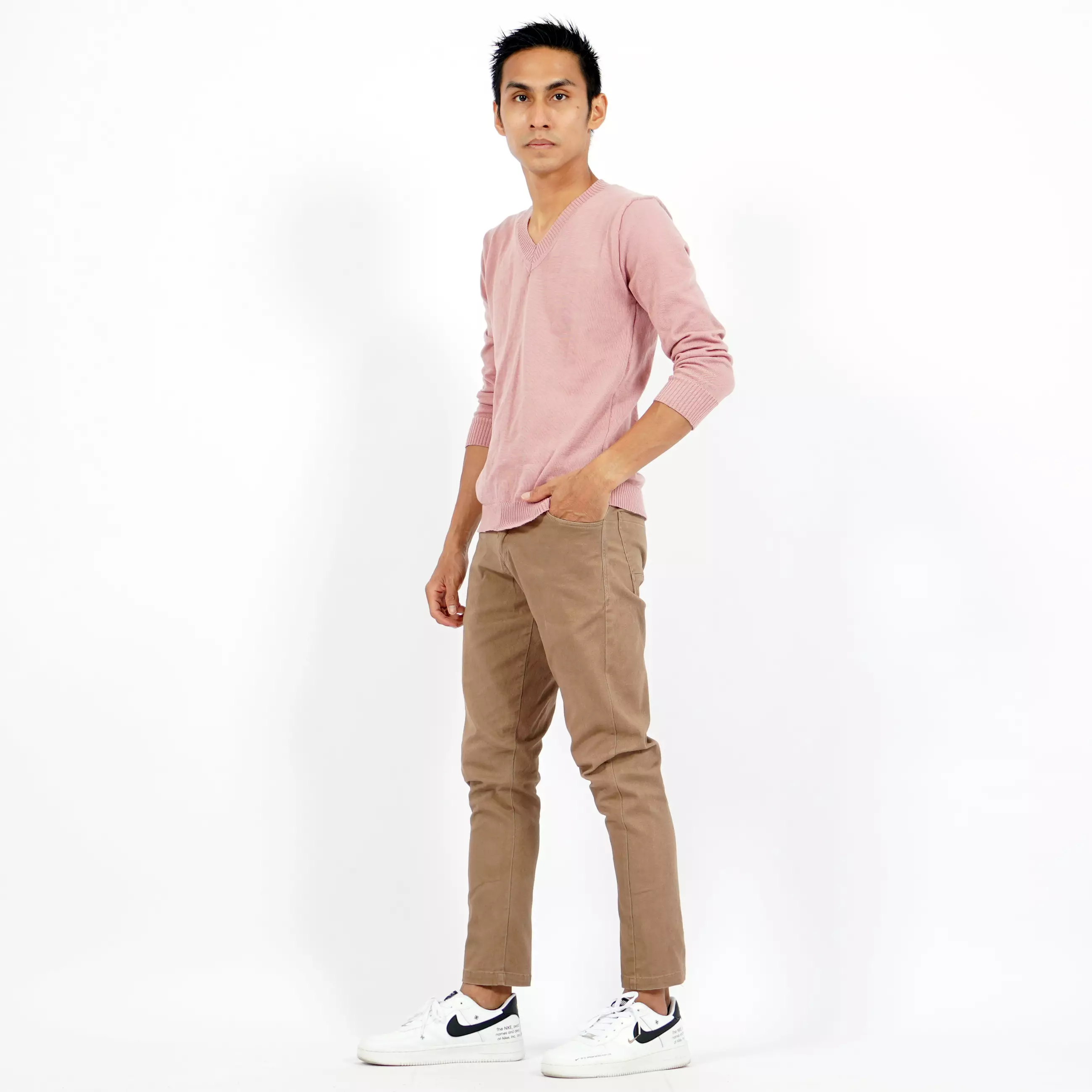  Vleur Outer Pria Gaya Kore Sweater Rajut Pria Leher V - PINK