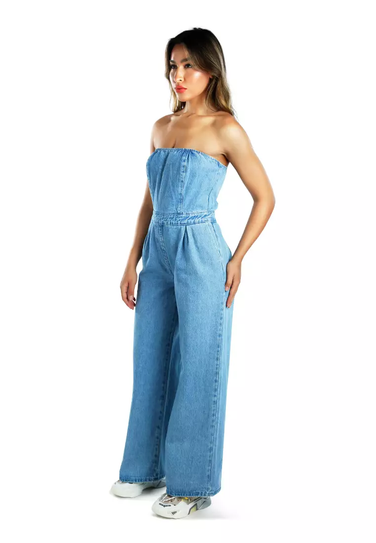 Blue Strapless Back Zipper Denim Jumpsuit