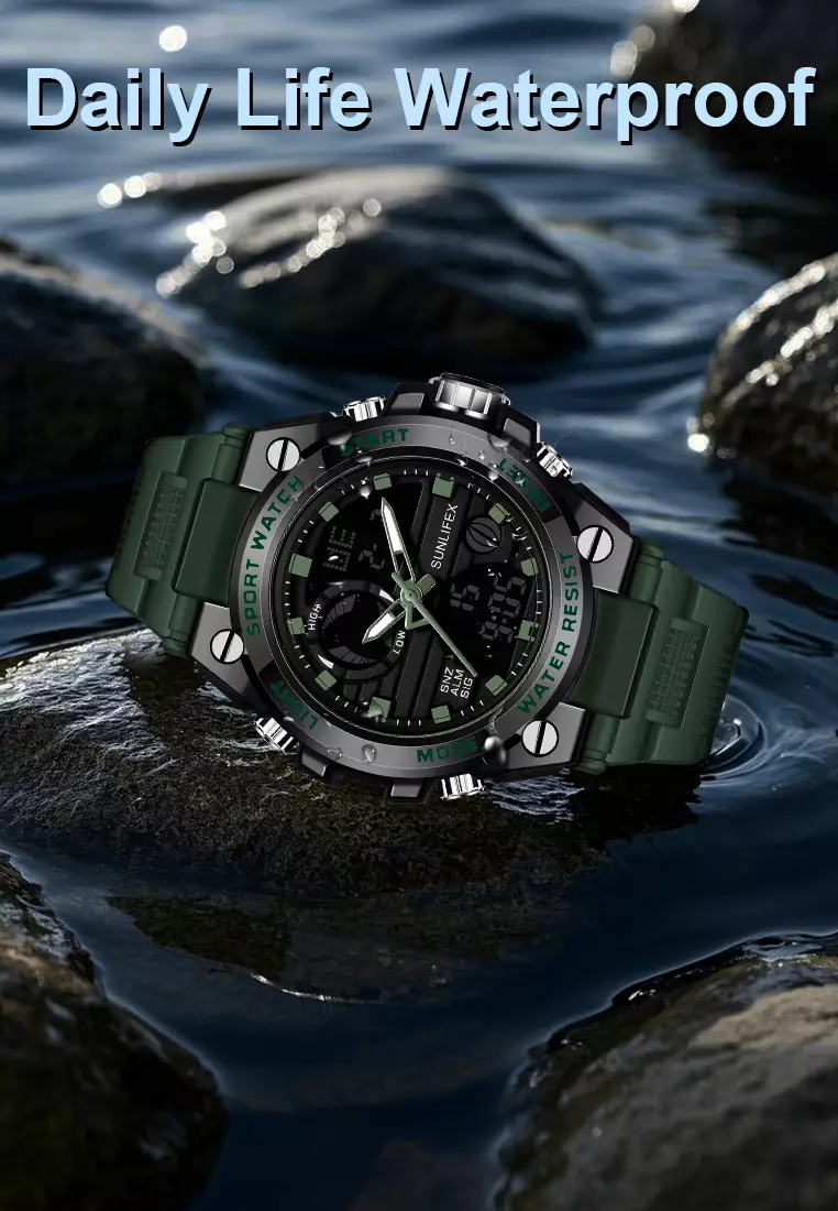 Jam Tangan Pria Analog&Digital Tali Silicone Original Luminous Display Anti Air Jam Tangan Cowok Greenblack