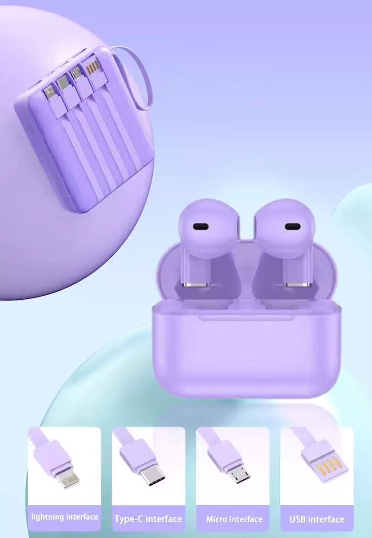 Value Deal - 5s PRO MINI Wireless Earphones - Purple + Multi Plug 120W / 30000mAh Fast Charging Power Bank - Purple