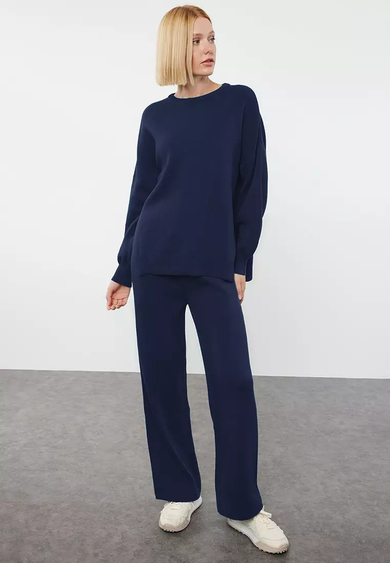 Navy Blue Wide Fit Balloon Sleeve Knitwear Bottom Top Suit