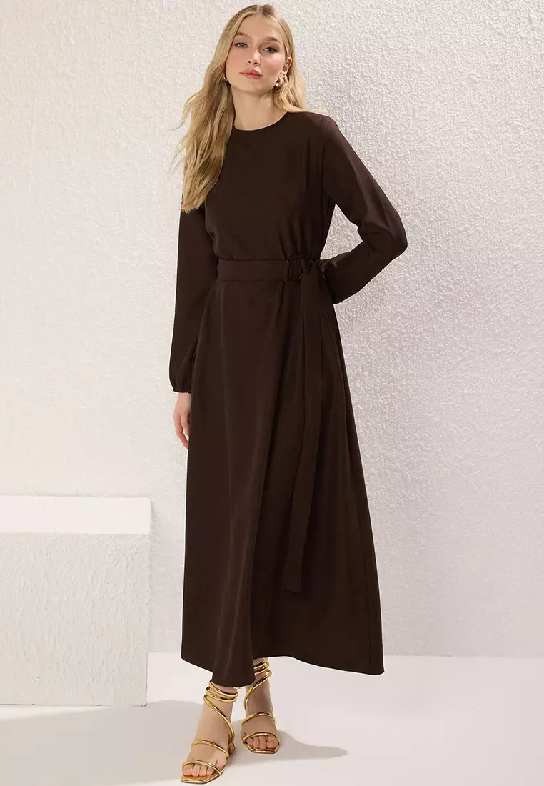Brown Belted Woven Dress Tctss25Eb00096