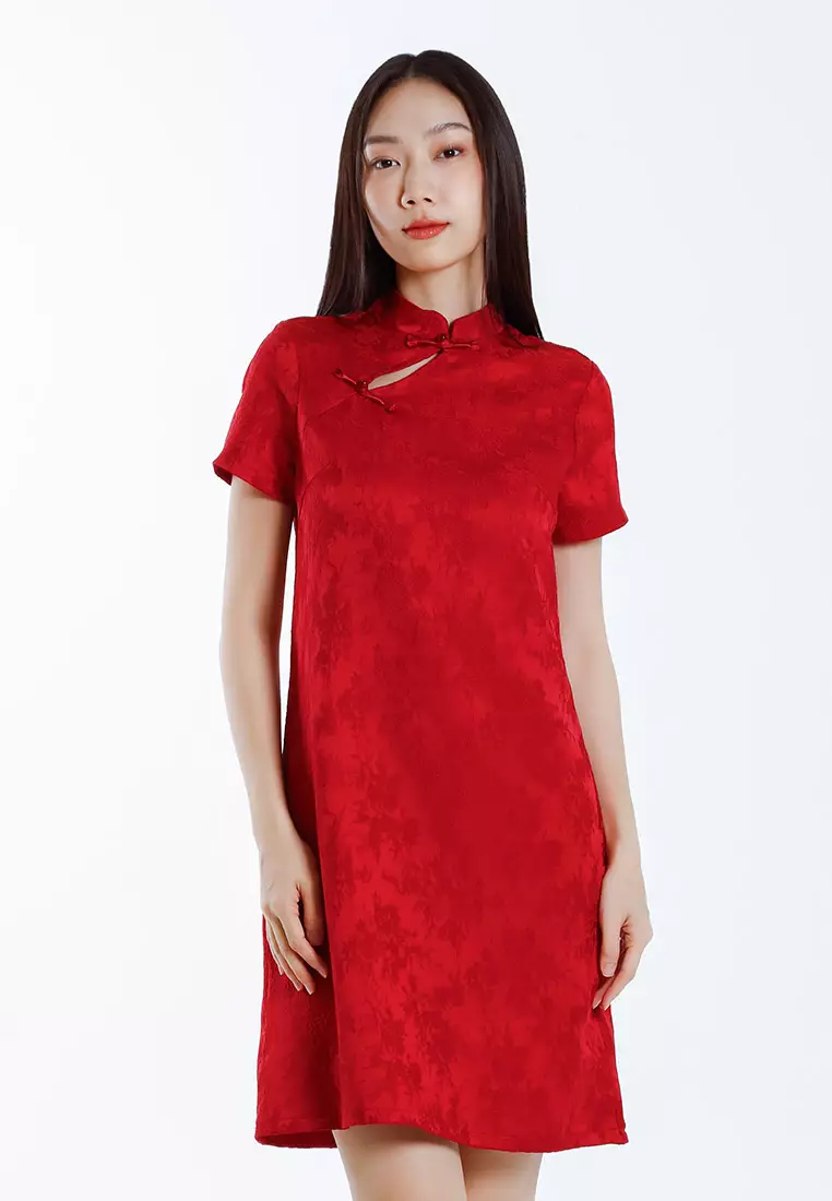 Forest Ladies Jacquard Cheongsam Dress Women A-Line Cheongsam - 885097-50DkRed
