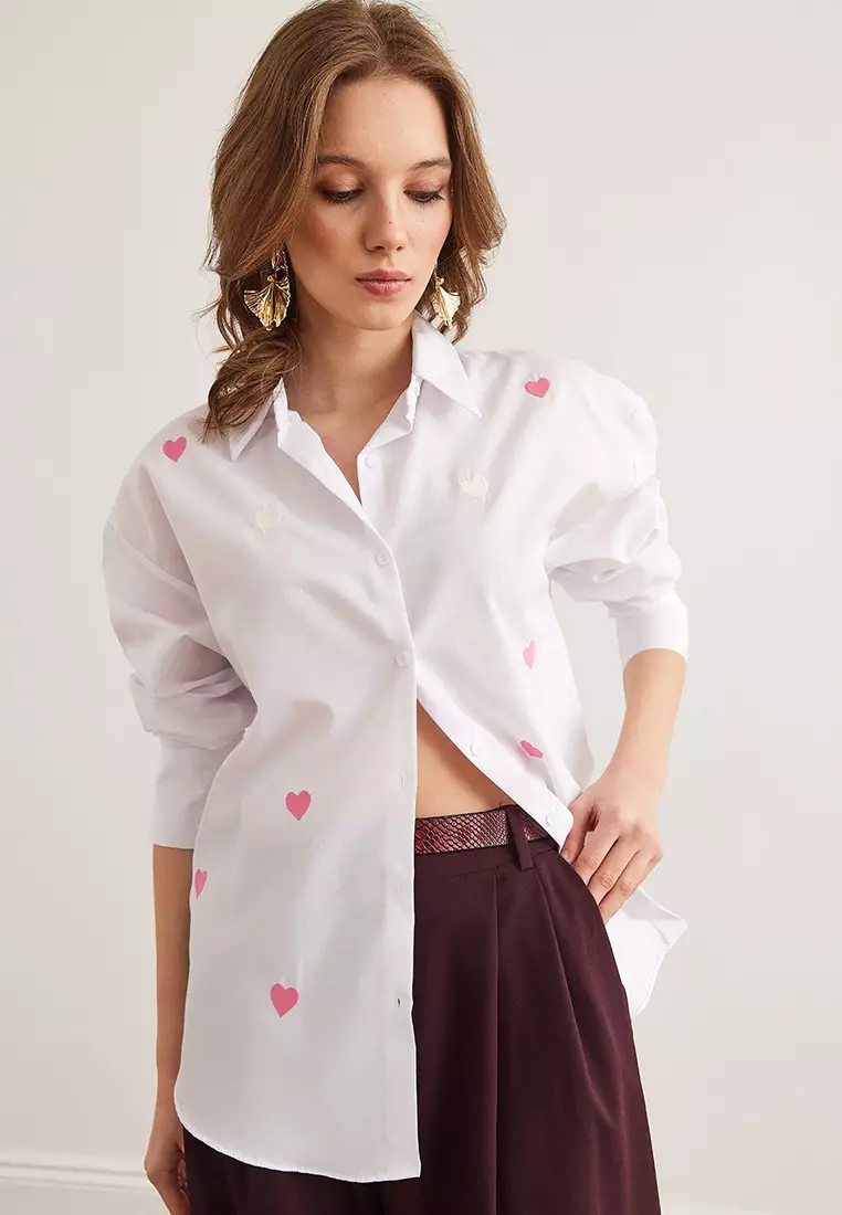 Heart Embroidery Boyfriend Shirt