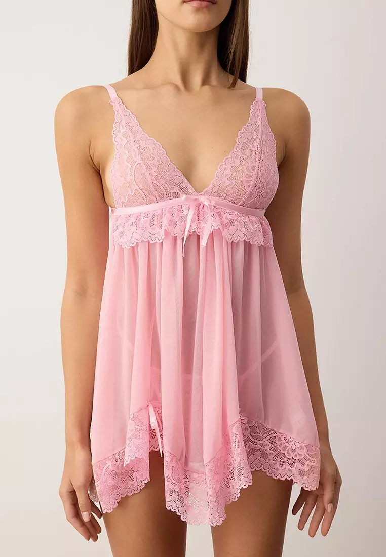 Pink Tulle Ribbon/Bow And Lace Detailed Uncovered Pantyhose Babydoll/Fantasy Nightgown