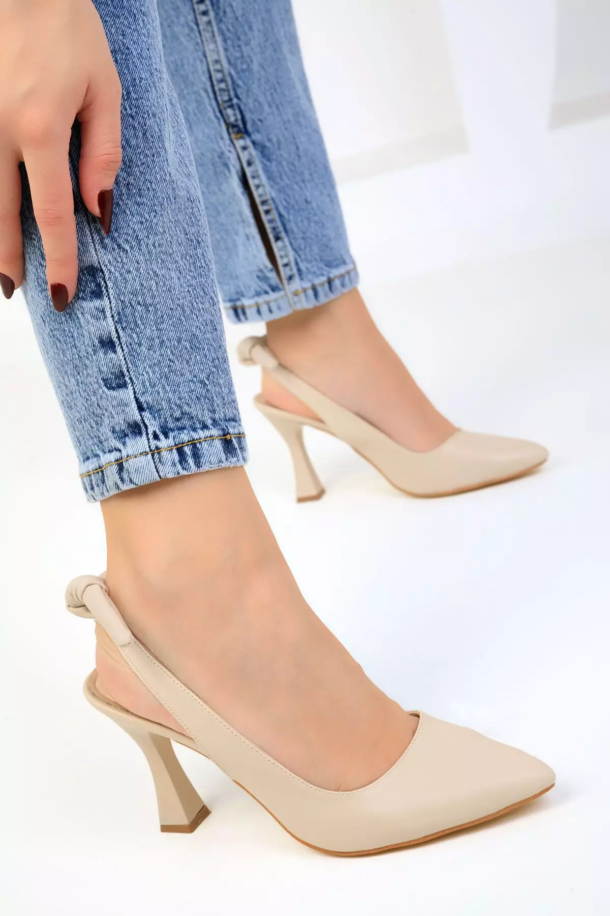 Faux Leather Slingback Heels with Knot Detail