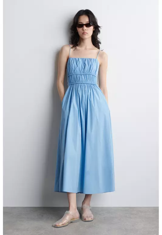 GATHERED COTTON MIDI DRESS