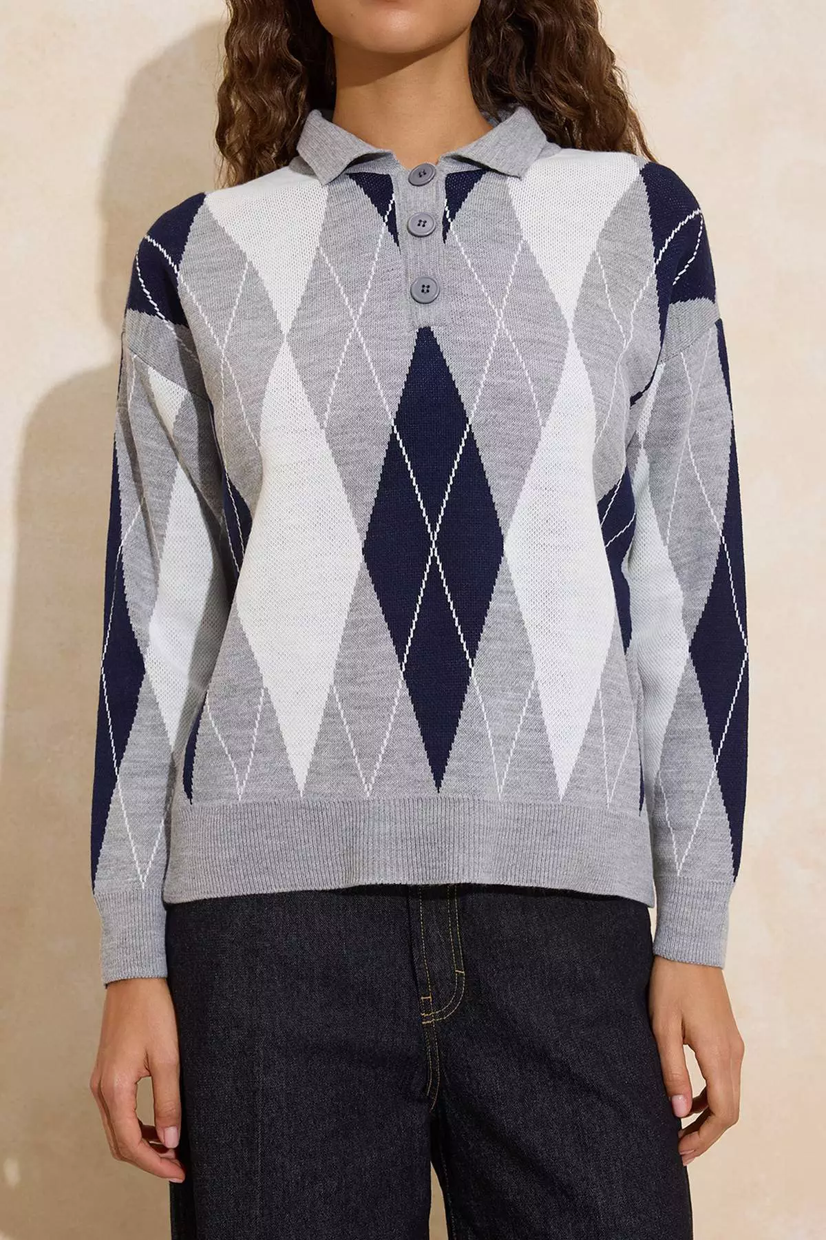 Buy Trendyol Gray Argyle Pattern Wide Fit Knitwear Sweater