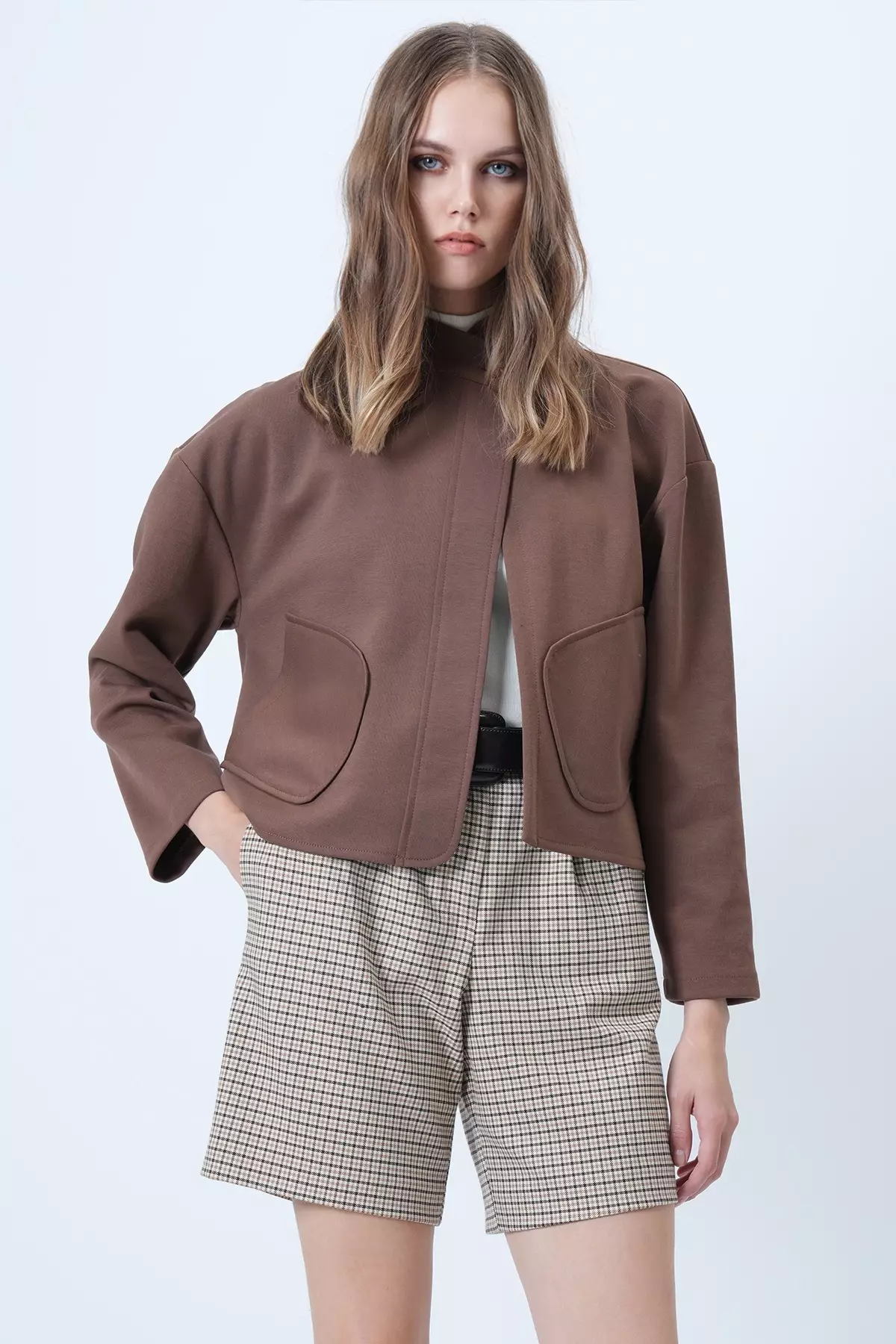 Women'S Cinnamon Brown Hakim Collar Poncho Jacket With Pocket Alc-X14421