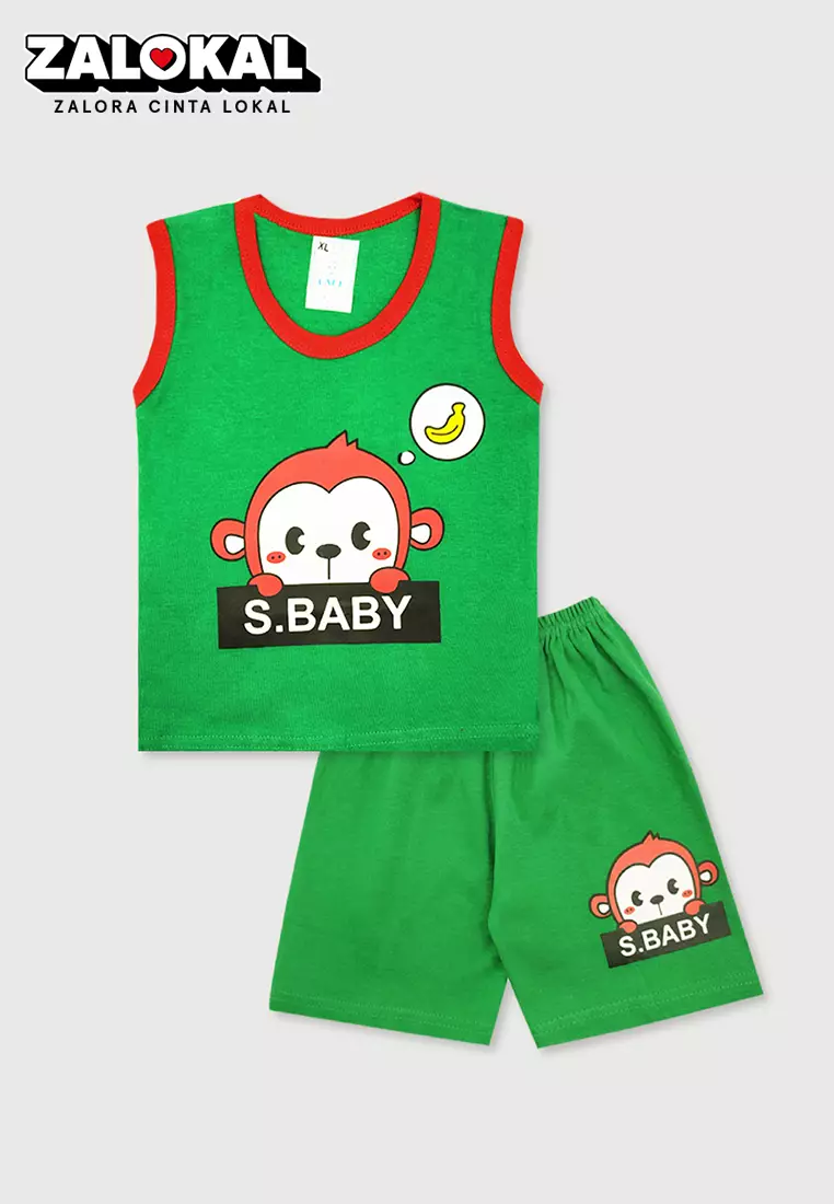 Wakakids Setelan Bayi Laki Laki Usia 12 Bulan Hingga 18 Bulan Set Baju Singlet Anak Celana Kaos Motif Baby Monkey 3407 Hijau