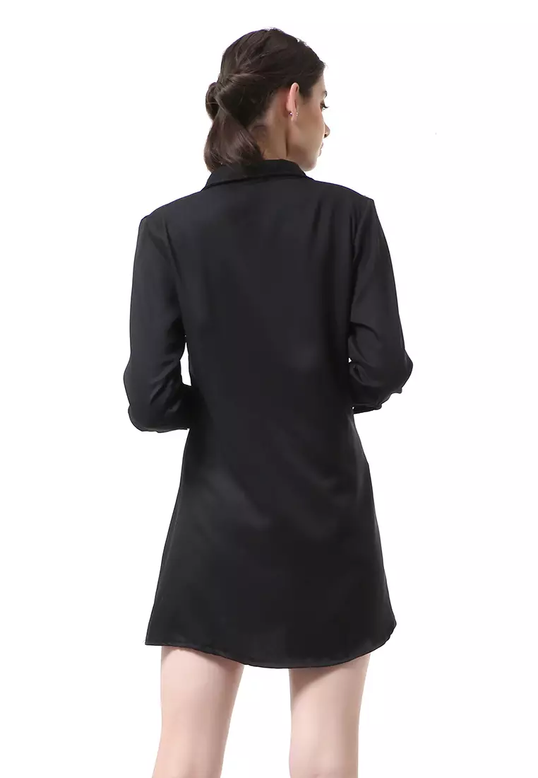 Rachel Mini Dress Wanita Model Kancing Palin Motive lengan Panjang Material Moscrepe ORIGINAL - Black