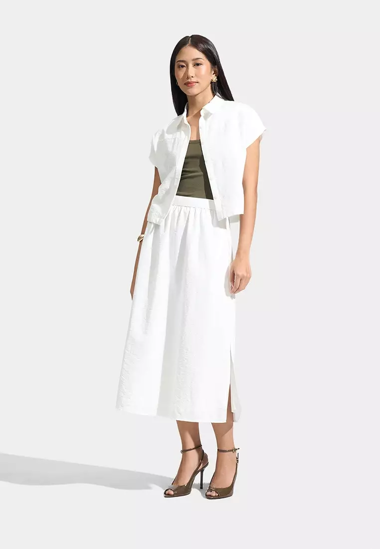 Crumpled Linen Midi Skirt With Side Slit Detail