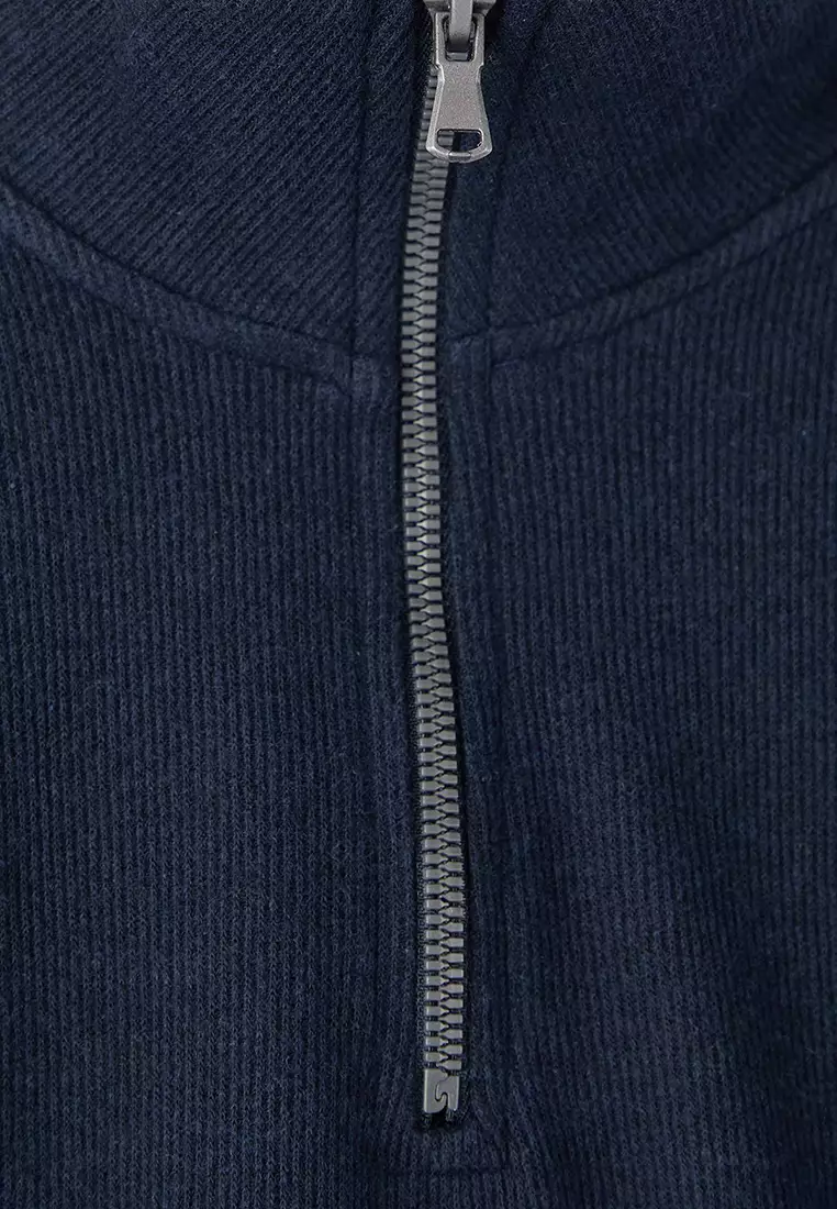 Navy Blue New Oversize/Wide Cut Penguin Embroidered Textured Stand Collar Sweatshirt
