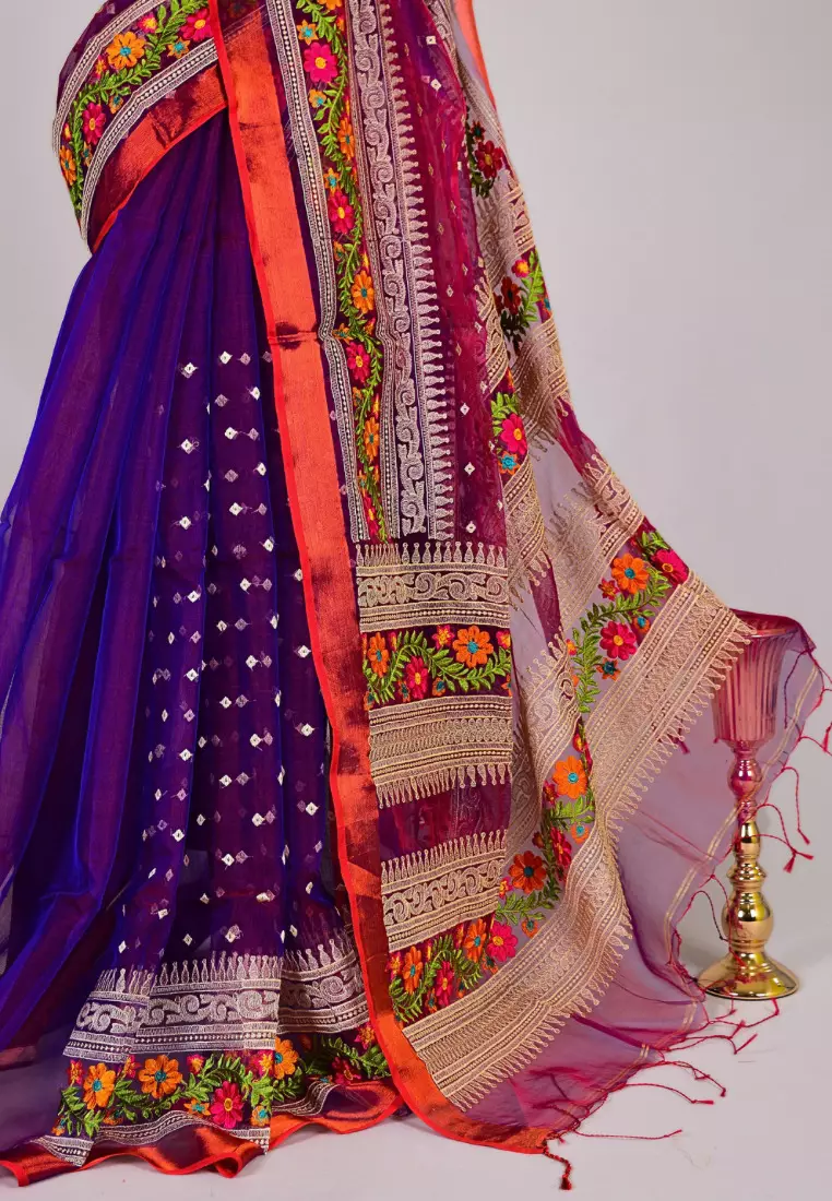 Teal-Black Handloom Silk Cotton Floral Pallu Bengal Saree