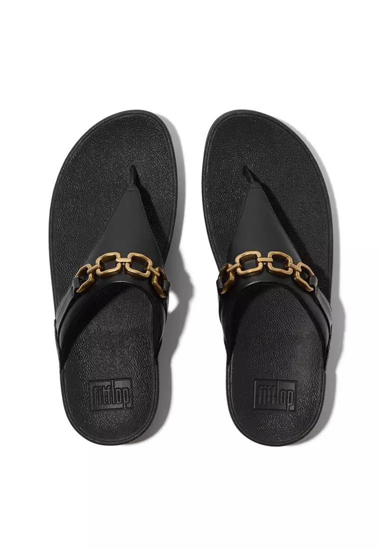 FitFlop LULU Square-Chain Leather Toe-Post Sandals - Black (E1I-001)