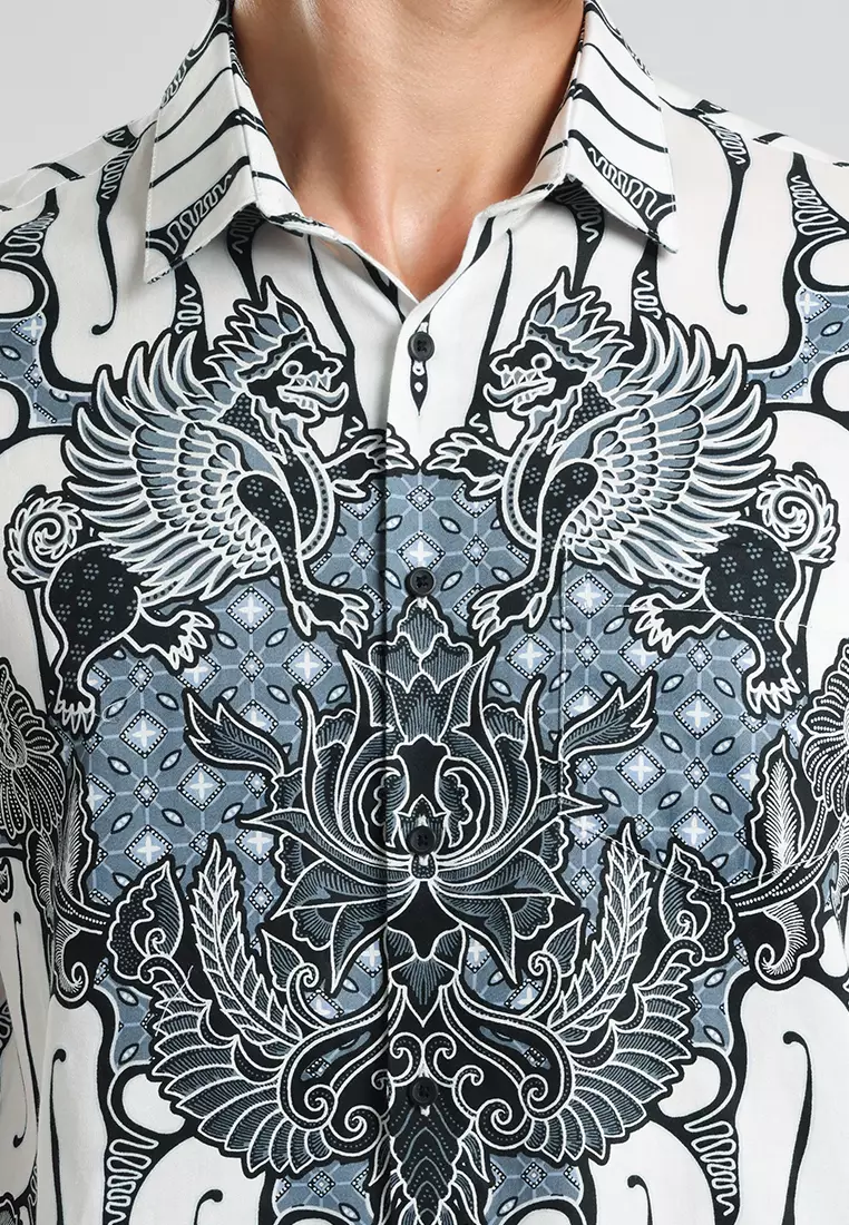 MANZONE - Kemeja Batik Lengan Pendek Pria Darajati 05 Modern Fit - White Warna White