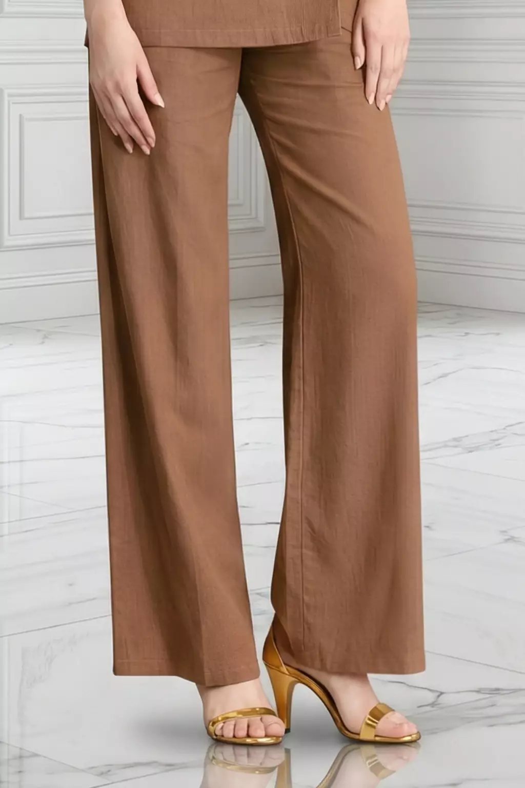 Essentials Linen Travel Set - Kimono Blazer Shirt with Straight Pants Brown (One Set Shirt & Pants)