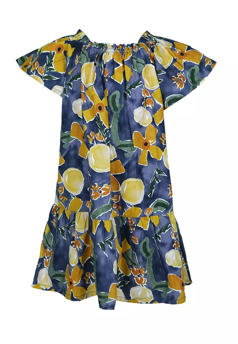 Qna Girl Joanez Midi Dress Anak Biru Motif