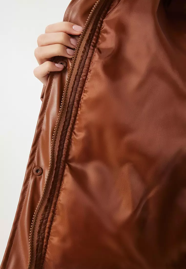 Stand Collar Faux Leather Puffer Coat