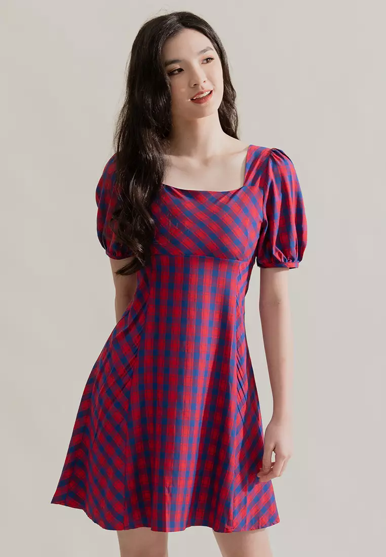 Buy Plain B. Plain B. Square Neckline Plaid Mini Dinner Dress Red ...