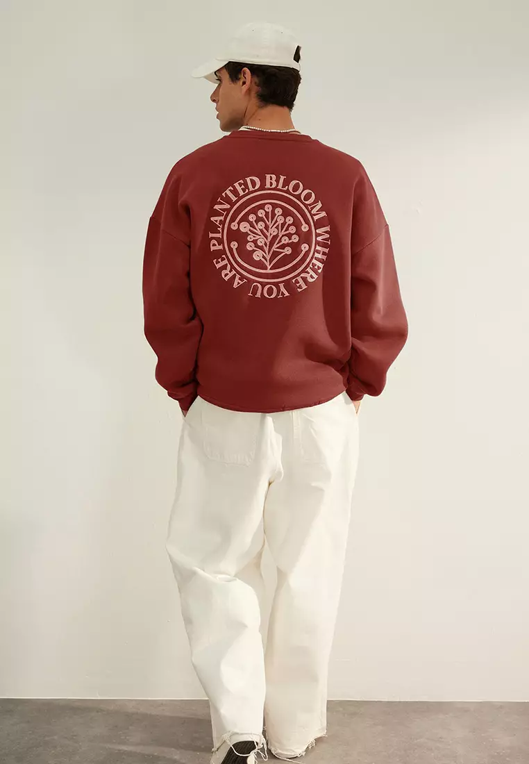 Brick Oversize/Wide Cut Floral Embroidered Polar Fleece Inside Cotton Sweatshirt TMNAW24SW00012