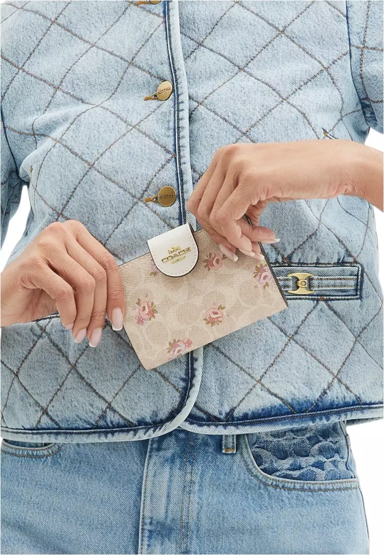 Medium Corner Zip Wallet In Signature Canvas With Floral Print - Sand/Multi