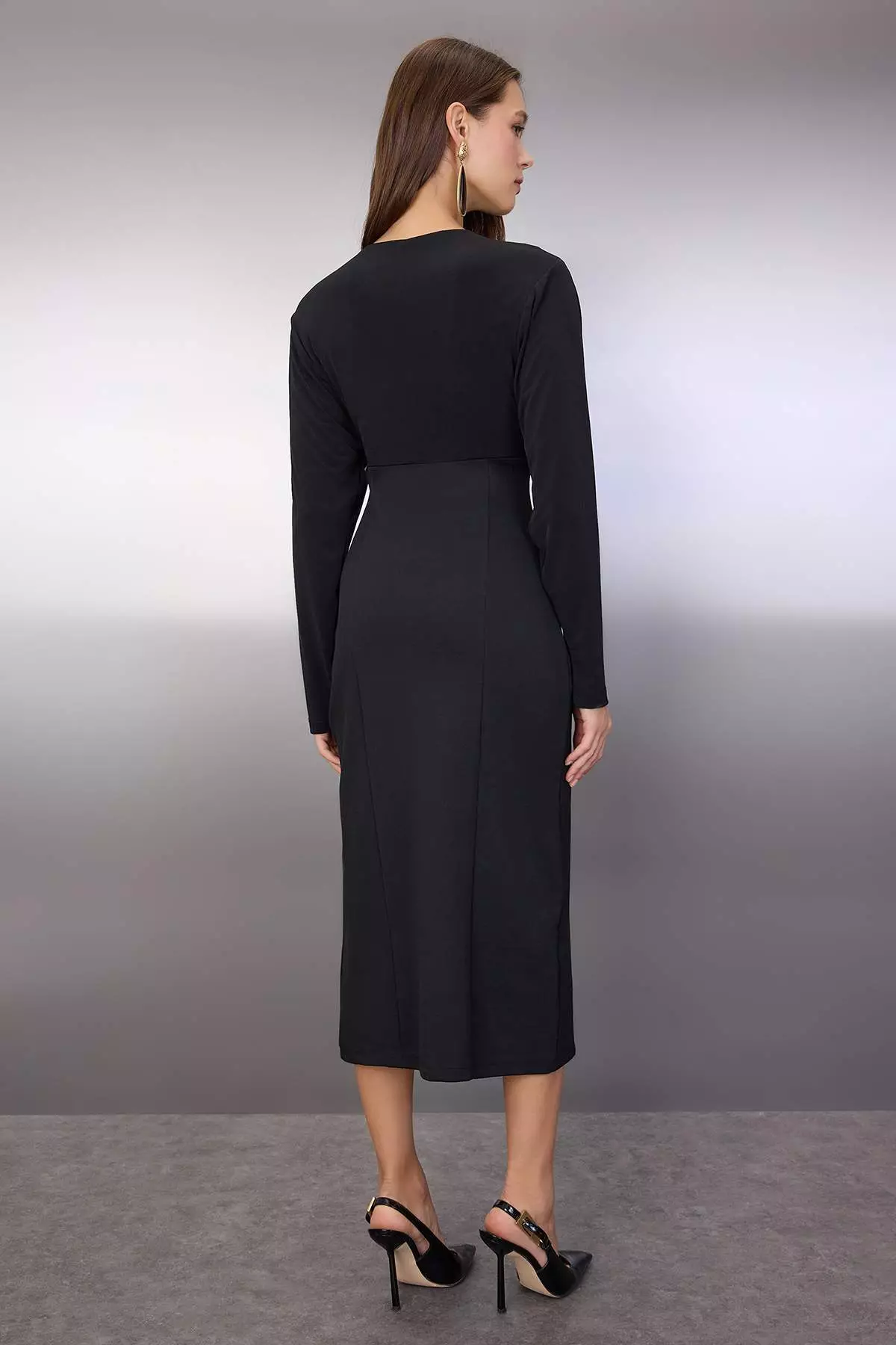 Black Plain Top Flowy Bodycon Midi Knit Dress