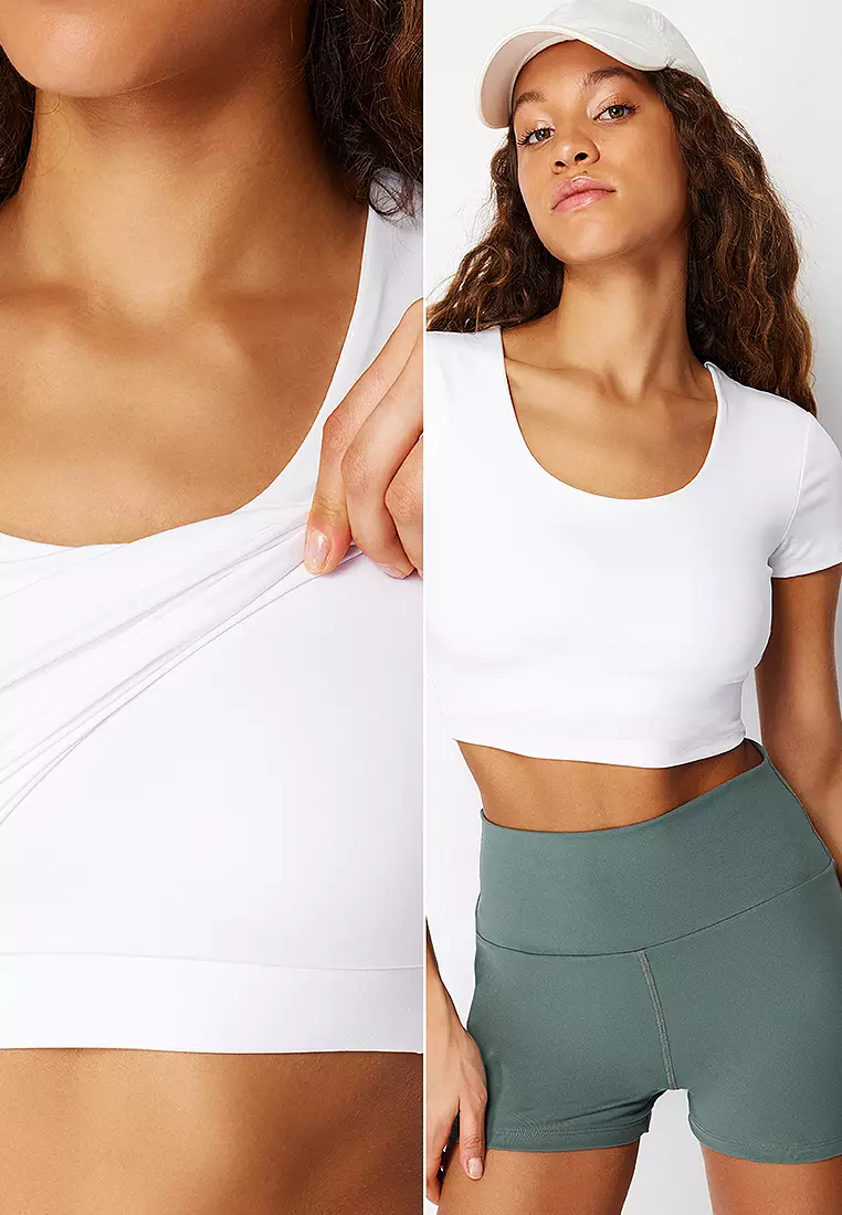 White 2 Layer Padded Sports Bra Crop Knitted Sports Top