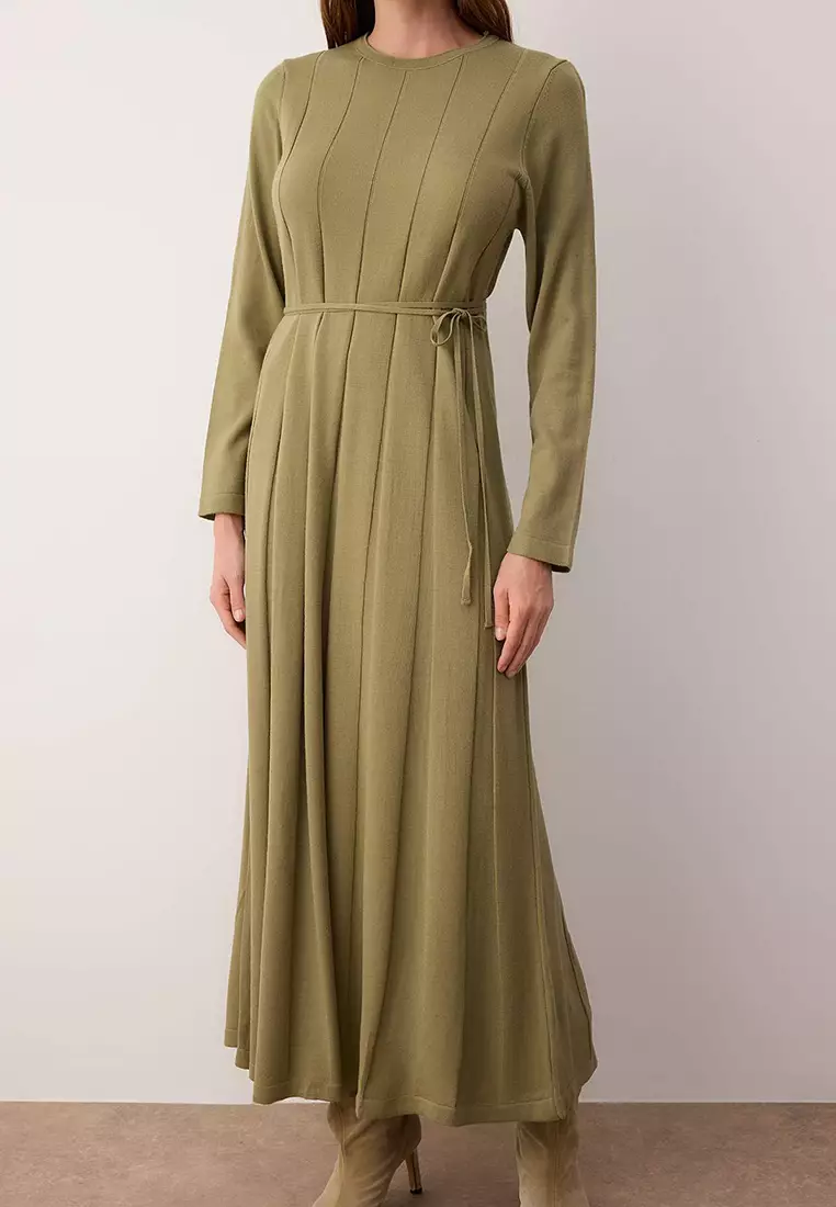 Khaki Oil Green Thin Belted Pleated Knit Dress