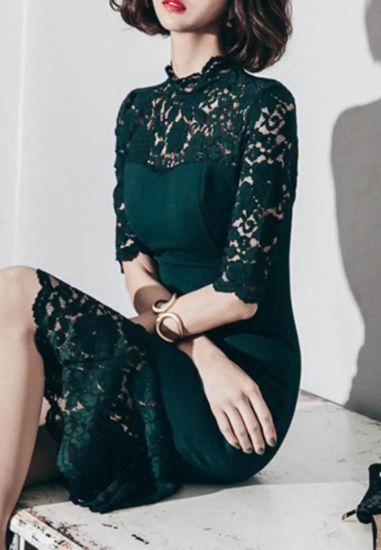 Sunnydaysweety New Green Lace Half Sleeves One Piece Mini Dress