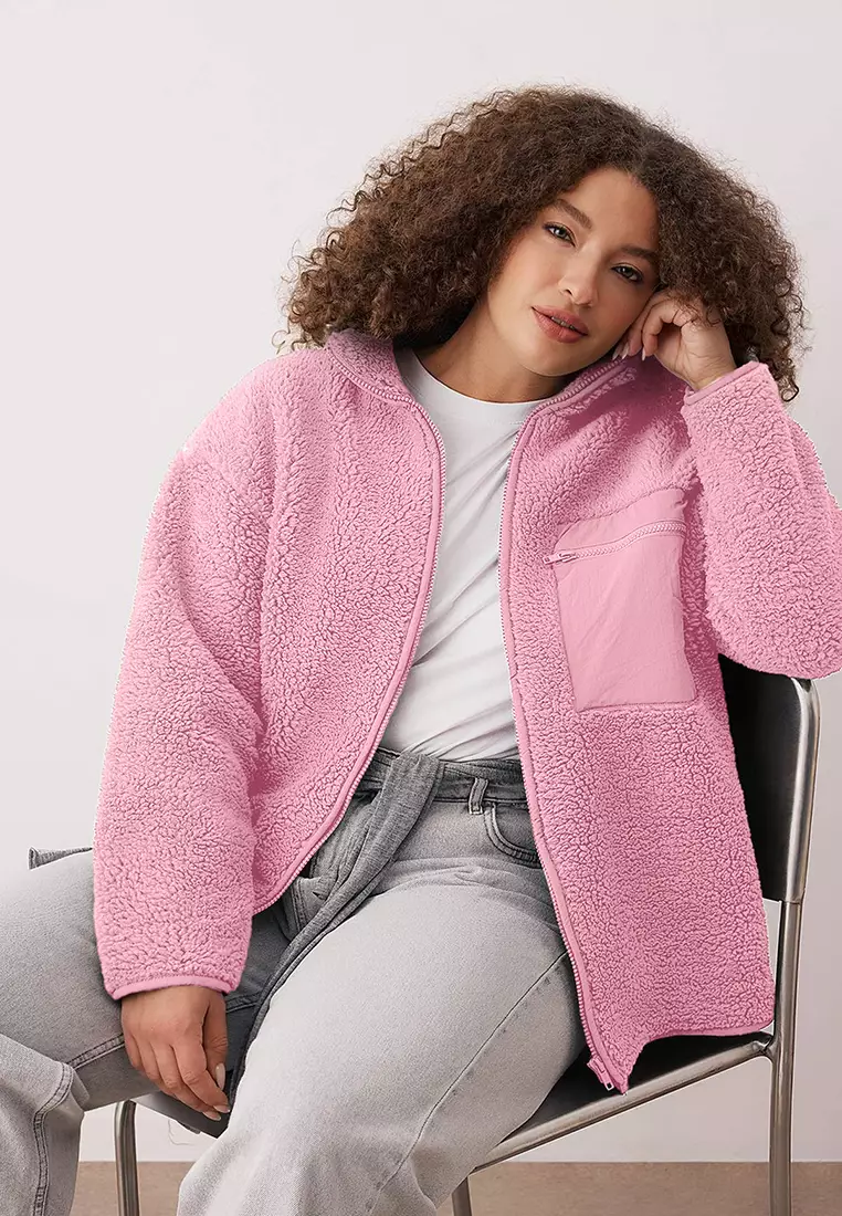 Winter Essentials Pink Thick Fleece Zippered Mock Neck Pocket Knitted Sweatshirt Tbbaw26Ao00022