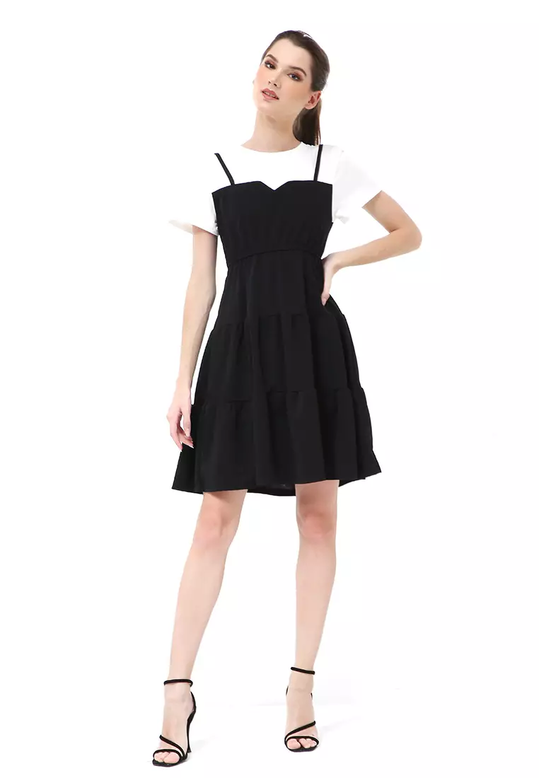 Rachel Midi Dress Wanita Lengan Pendek Model Menyatu Korean Style Material Cotton ORIGINAL - Black