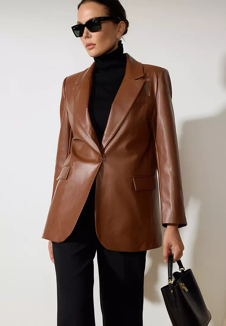 Brown Oversize Faux Leather Blazer Jacket