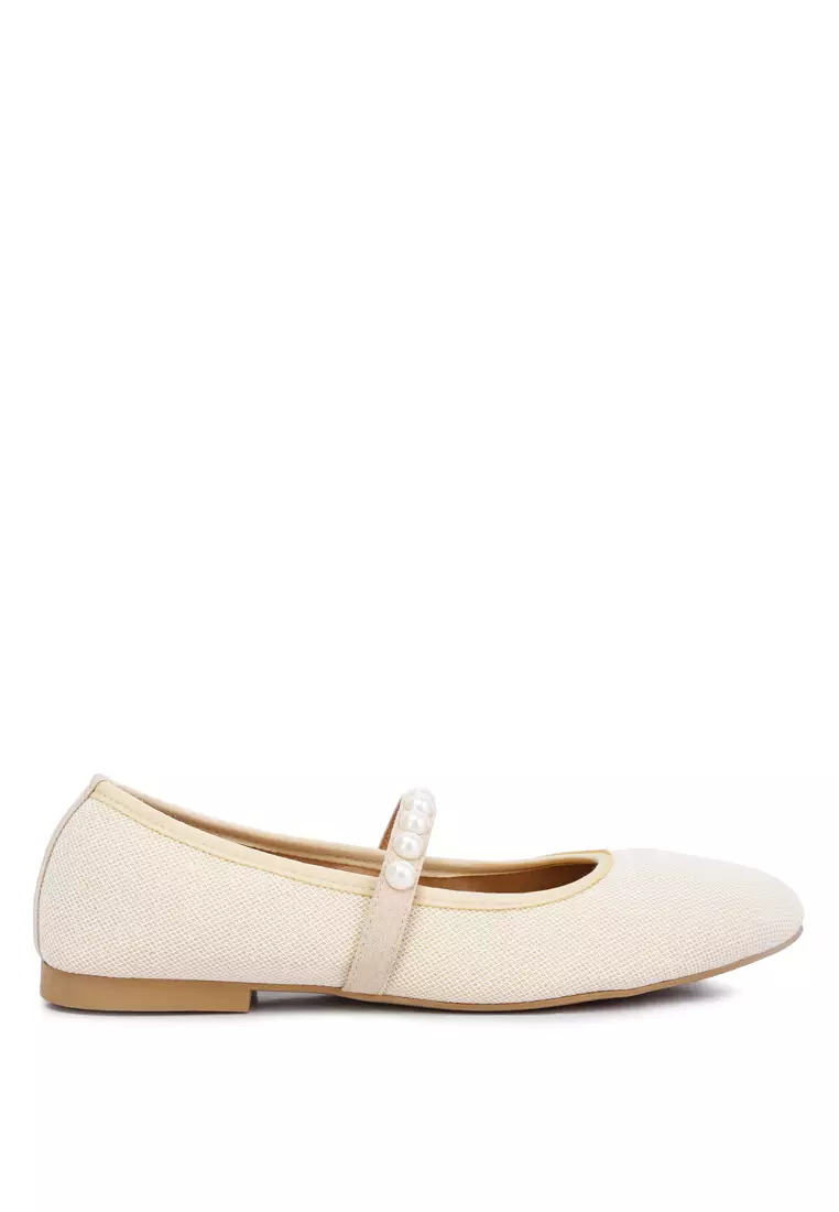 Flat Balerina Berhias Mutiara Krem
