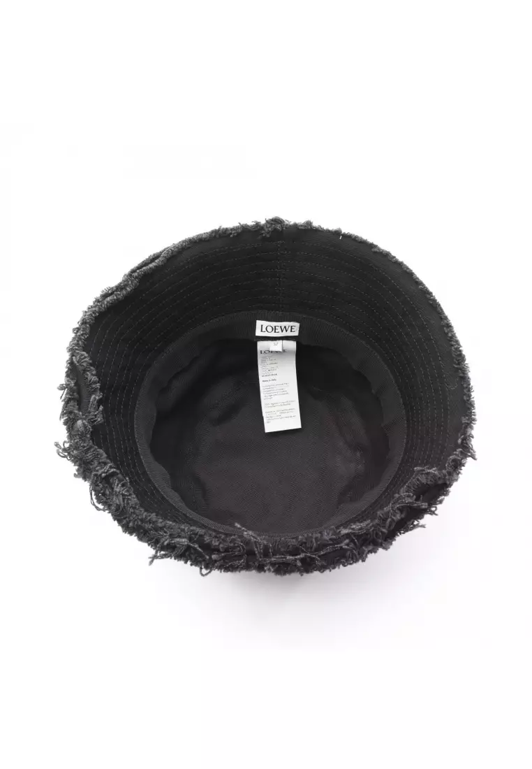 Pre-Loved LOEWE FRAYED BUCKET HAT Leather logo patch hat denim black