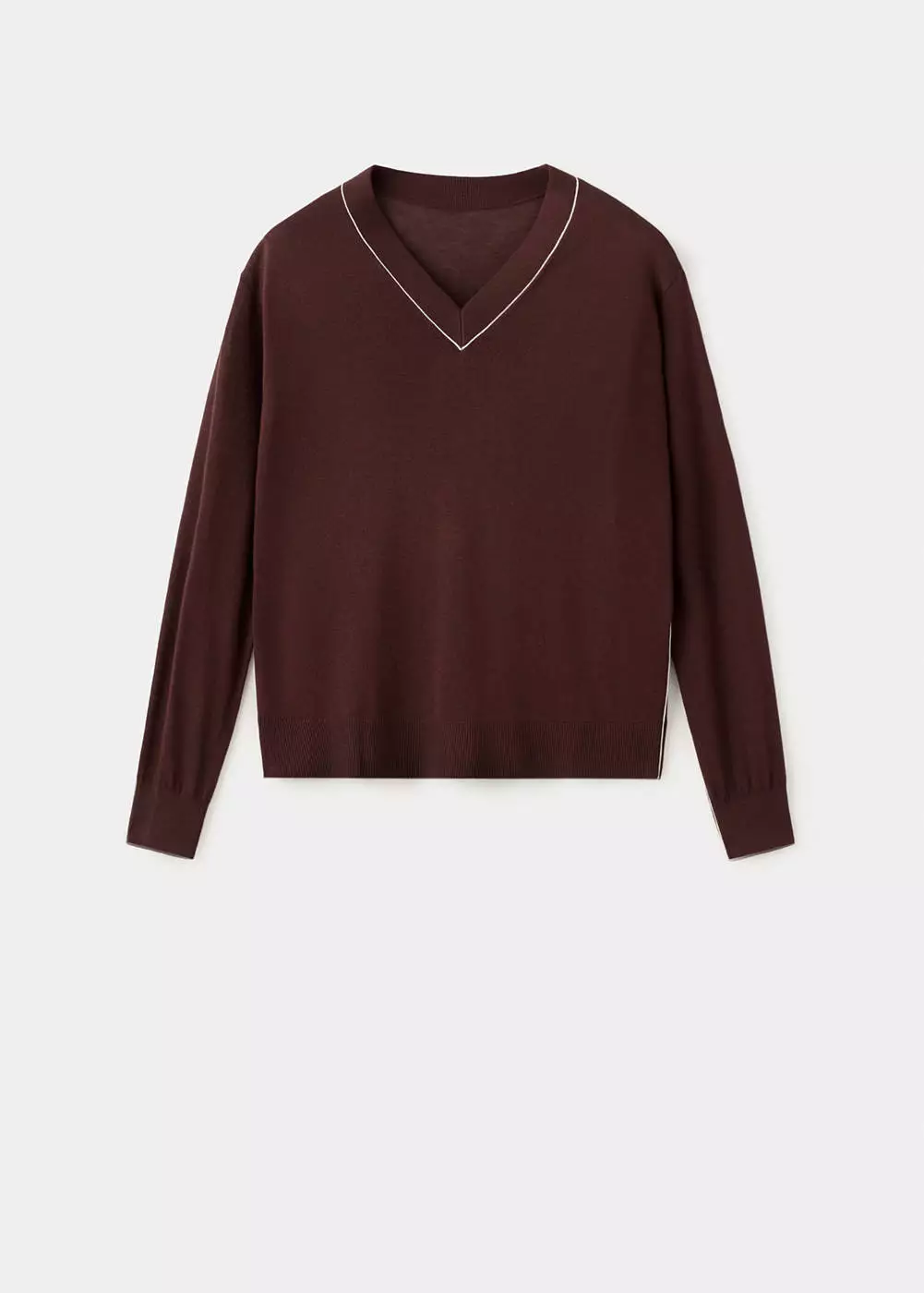 Sweater V-neck dengan trim kontras