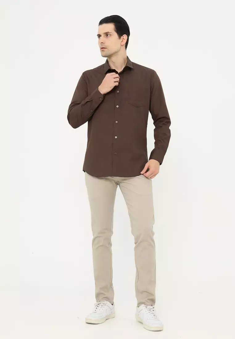 MAGINOT Kemeja Pria Basic Polos Panjang DARK CHOCOLATE