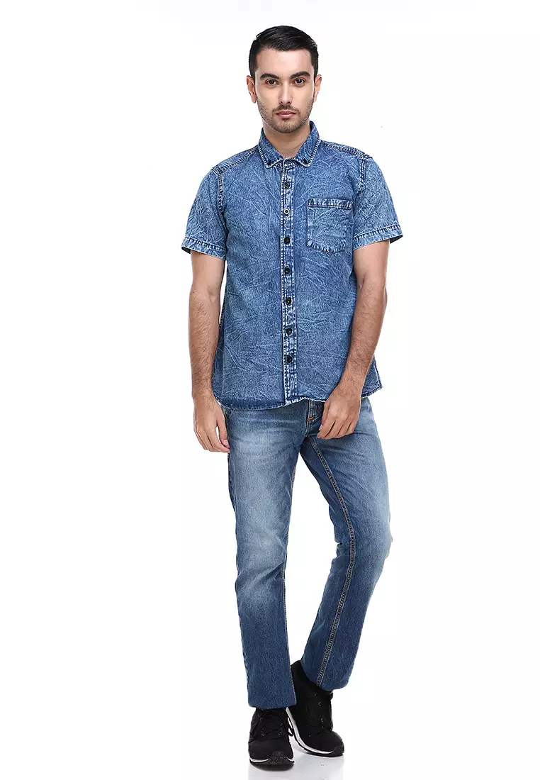 Dwan Shirts Kemeja Jeans Sandwash Kasual Model Slim Fit Material Denim ORIGINAL - Light Blue