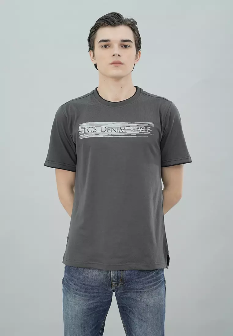 LGS - Kaos Casual Pria Lengan Pendek Motif Sablon Highdensity Warna Abu-Abu Gelap Regular Fit - CTS.222.S3193.01.C