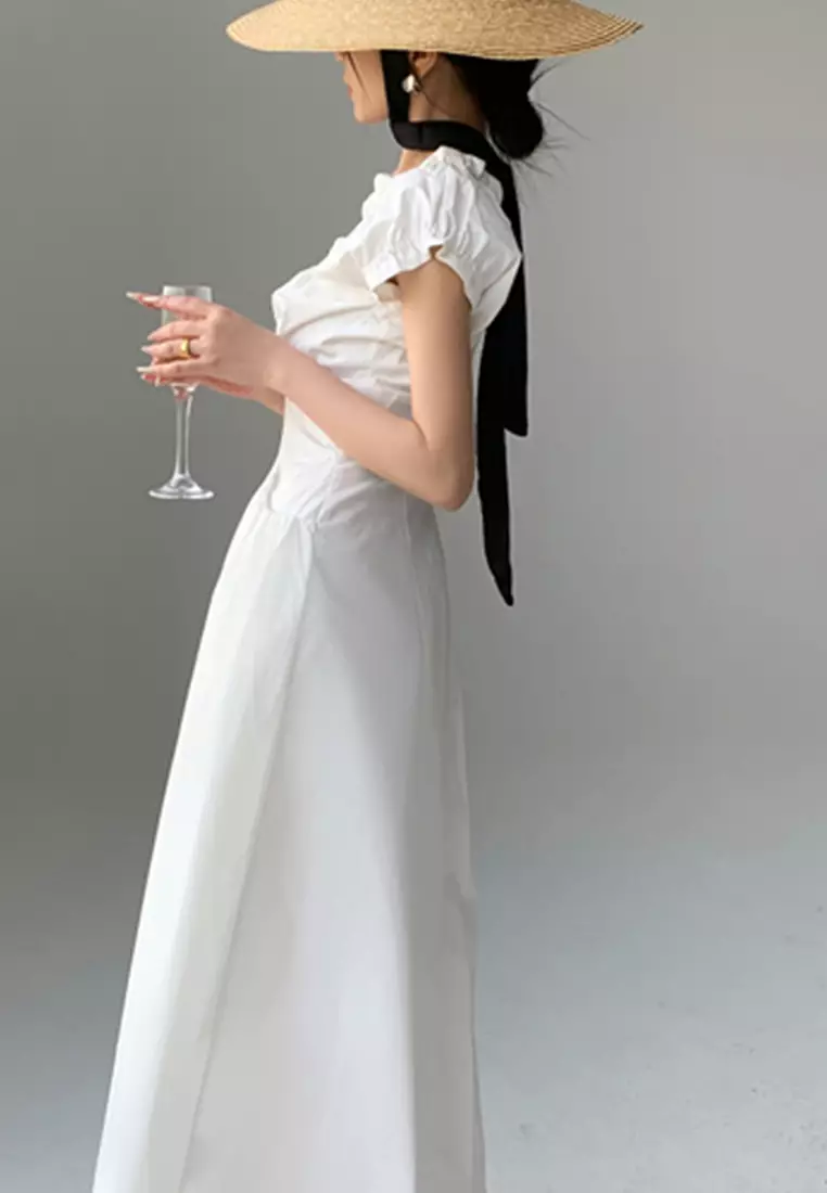 2025夏季法式v領泡泡袖連衣裙CA25061714W