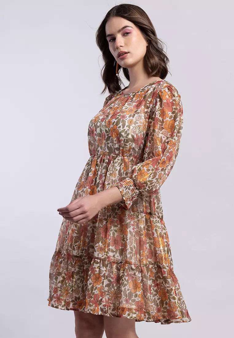 Yellow Floral Print Smocked Cuff Tiered Skater Dress