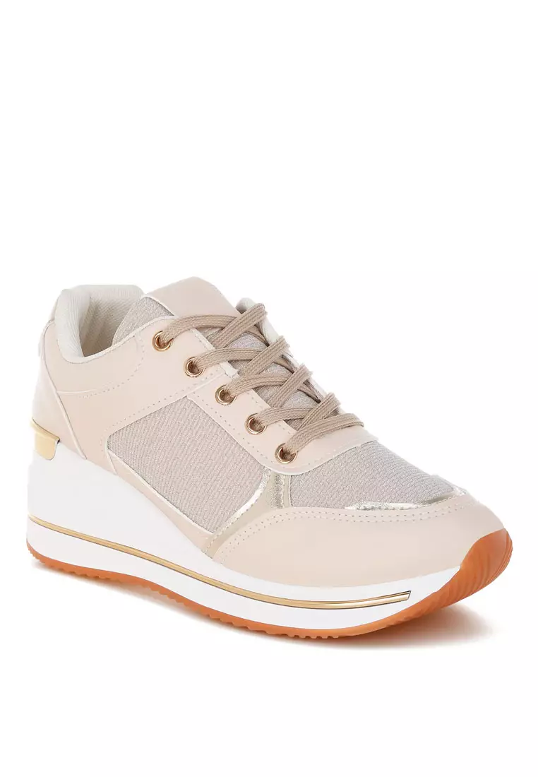 Faux Leather & Mesh Sneakers In Beige