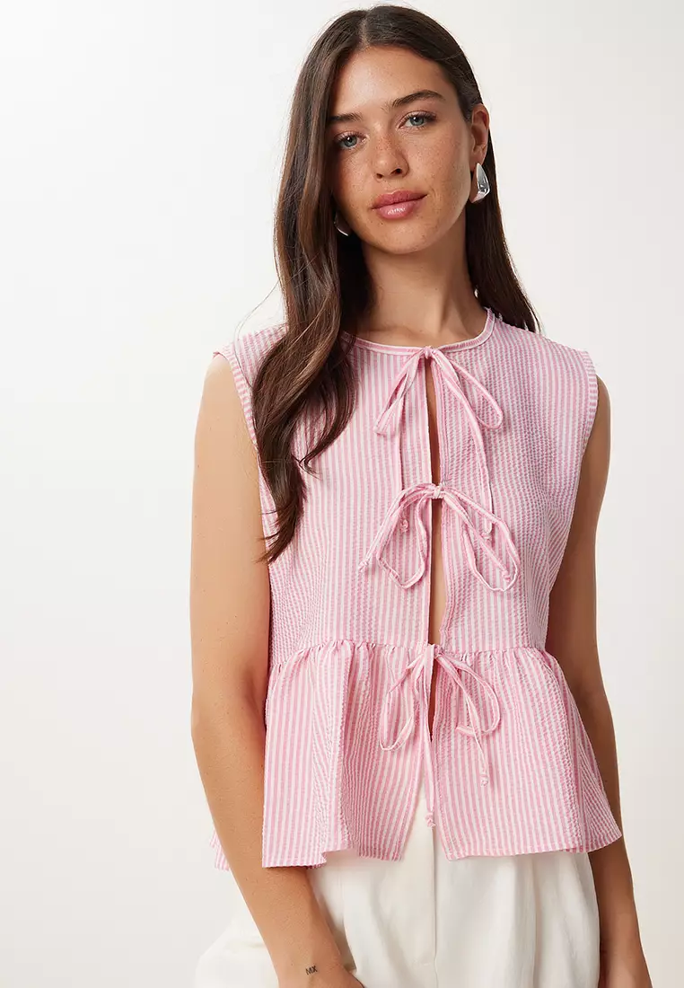 Women's Pink Bone Striped Flounced Tie Detail Woven Blouse Dd01358