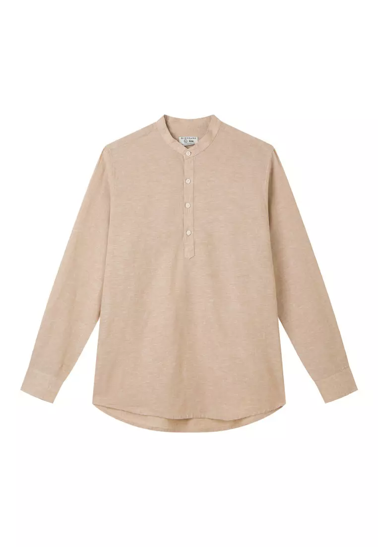 Men's Linen Cotton Stand Collar Long Sleeve Shirt 01046218