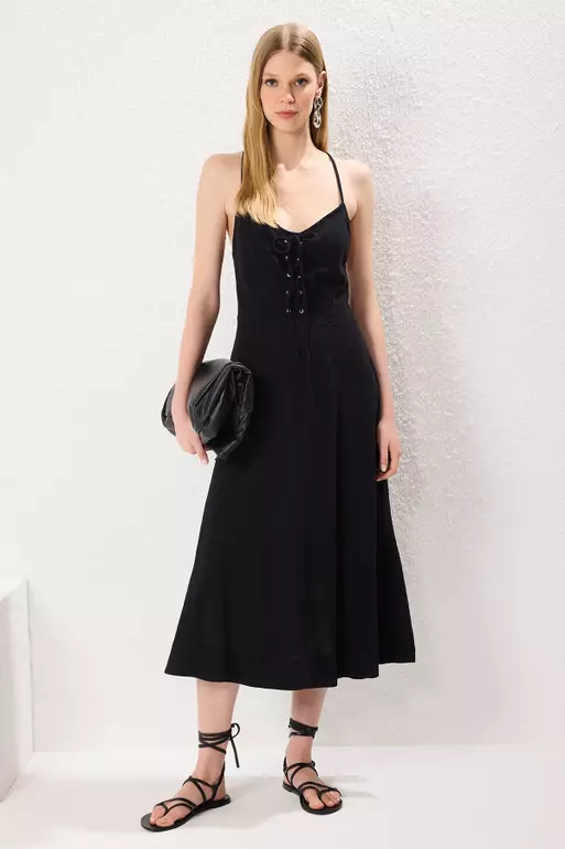 Black Waist Opening Tie Detail Midi Woven Dress