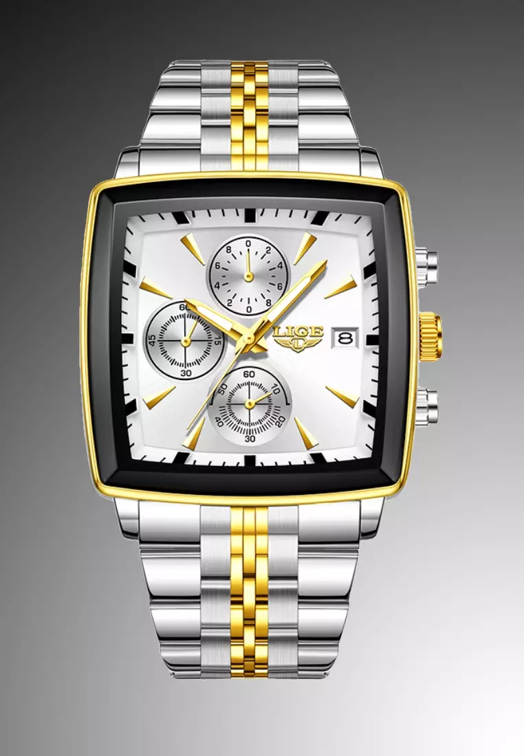 Chronograph Unisex Gold color finished Stainless Steel Quartz Watch 40X40mm, Silver Dial, on Bicolor Bracelet