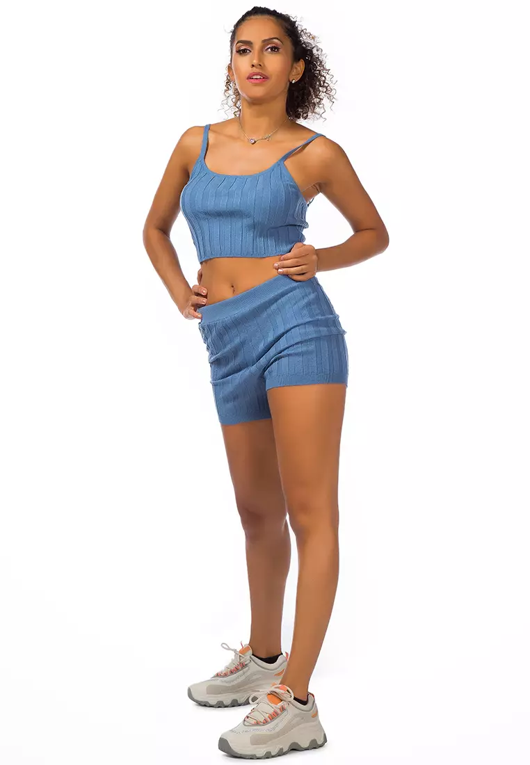 Rib Knit Spaghetti Crop Top dalam Denim Blue