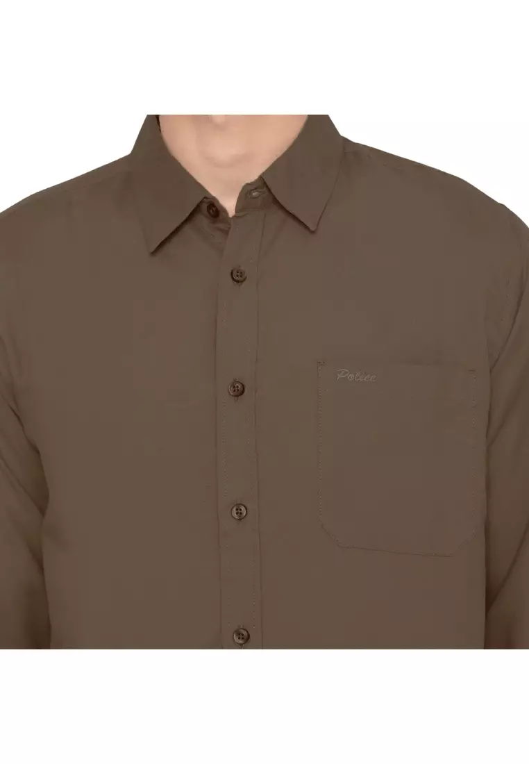 POLICE Kemeja Polos Basic Cotton Soft Choco Brown Regular Fit Lengan Panjang Pria