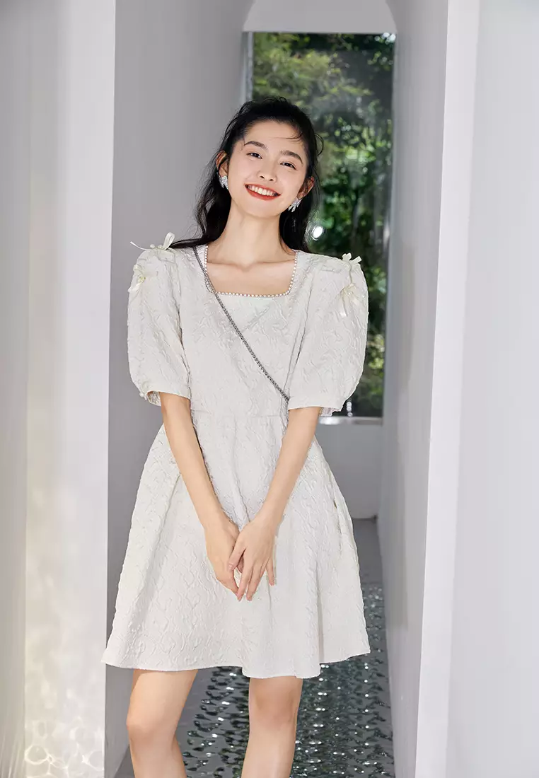 Square Neck Embossed Babydoll Dress