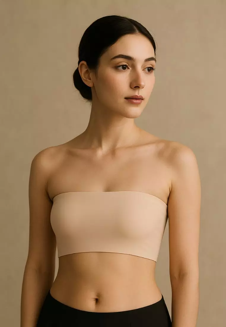 2 Pack Premium Asher Strapless Non-Slip Ice Silk Bralette Top in Black and Beige